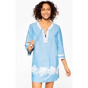 Talbots Women M Blue Linen-Blend Beaded Coral Cover-Up Mini Dress Boho Beach NEW